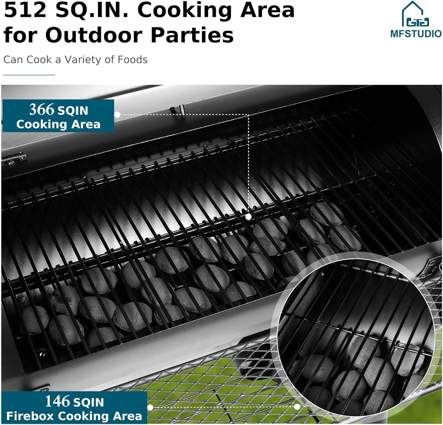 Heavy Duty Charcoal Wood Offset Outdoor Smoker Grill, Charcoal Grill with Smoker Combo for BBQ Grilling, 512 SQ.IN.
