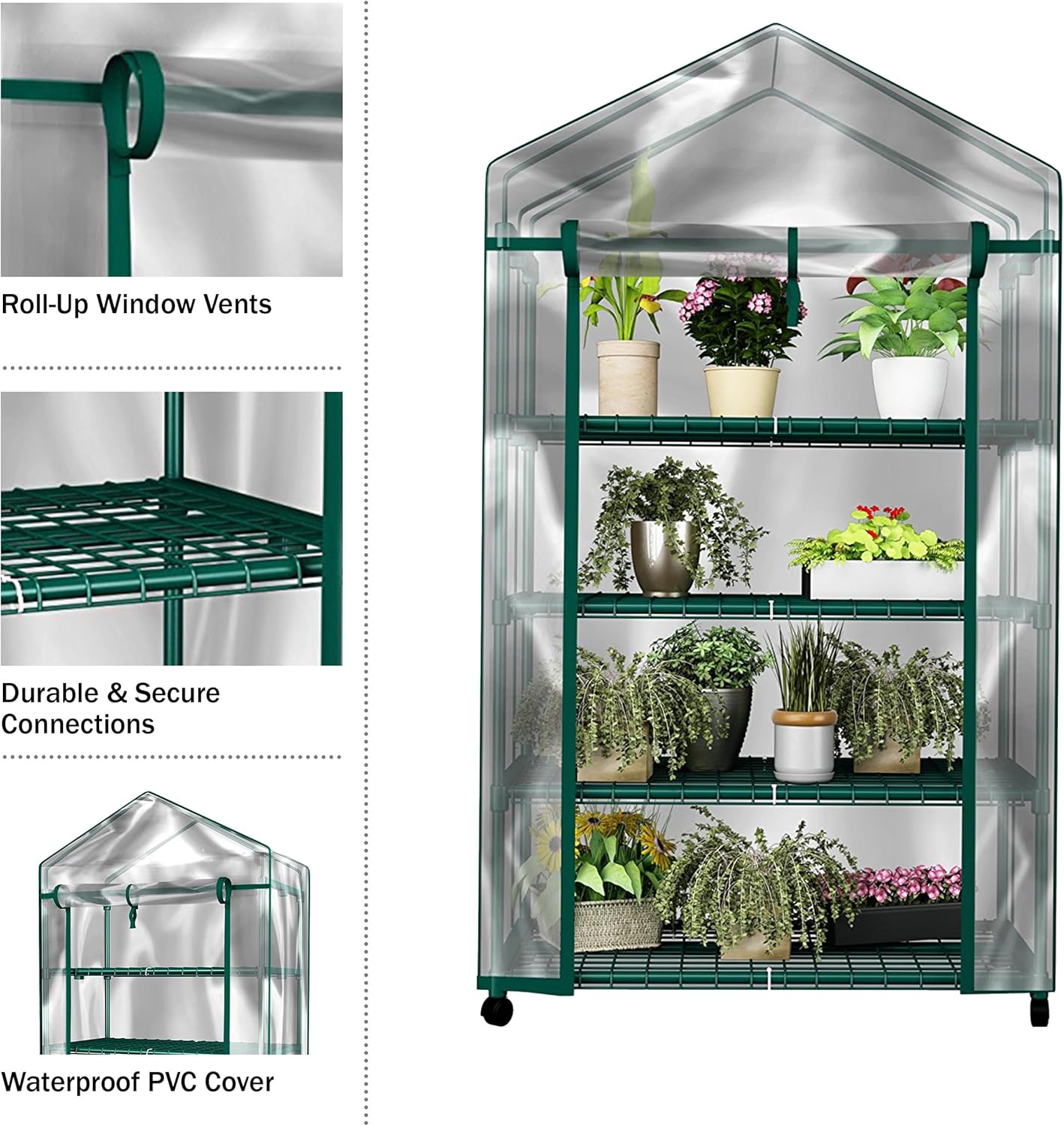 4 Tier Mini Greenhouse - Portable Greenhouse with Locking Wheels and PVC Cover for Indoor or Outdoor - 27 X 19 X 63-Inch Green House by