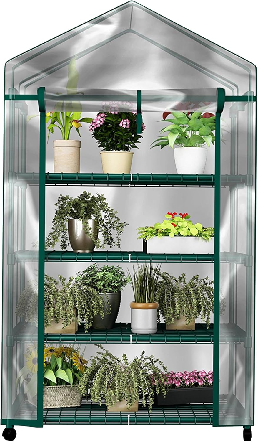 4 Tier Mini Greenhouse - Portable Greenhouse with Locking Wheels and PVC Cover for Indoor or Outdoor - 27 X 19 X 63-Inch Green House by