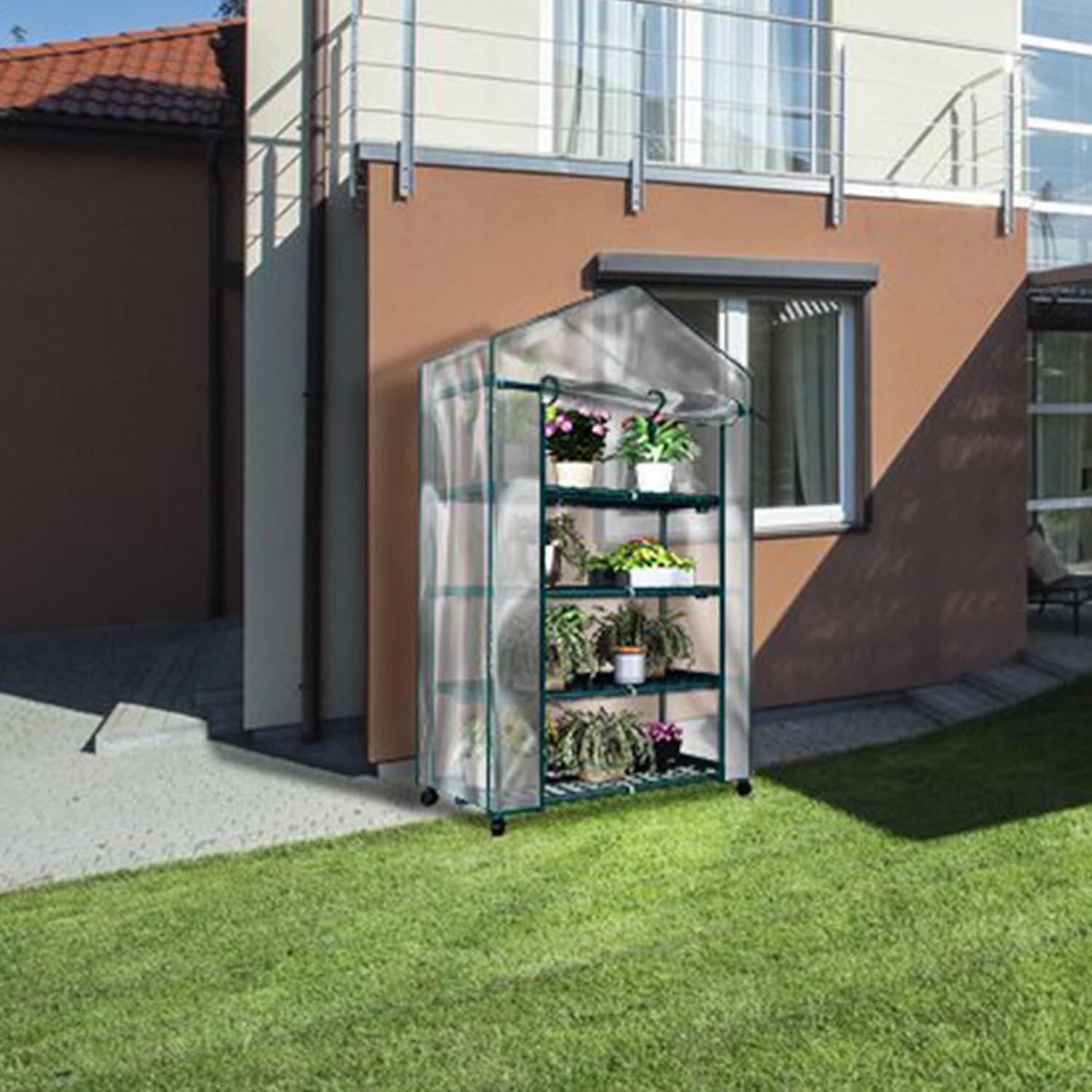 4 Tier Mini Greenhouse - Portable Greenhouse with Locking Wheels and PVC Cover for Indoor or Outdoor - 27 X 19 X 63-Inch Green House by